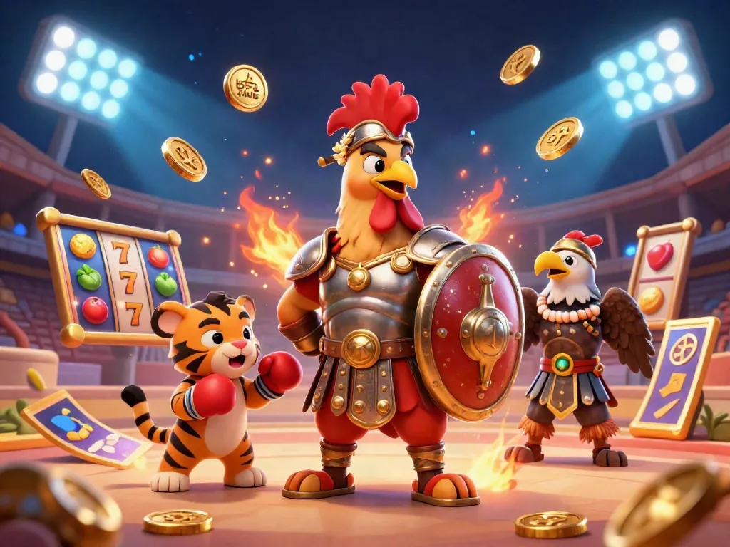 Experience the excitement of b52 club with a vibrant illustration featuring dynamic slot games and gold coins flying around a brave rooster and its companions.