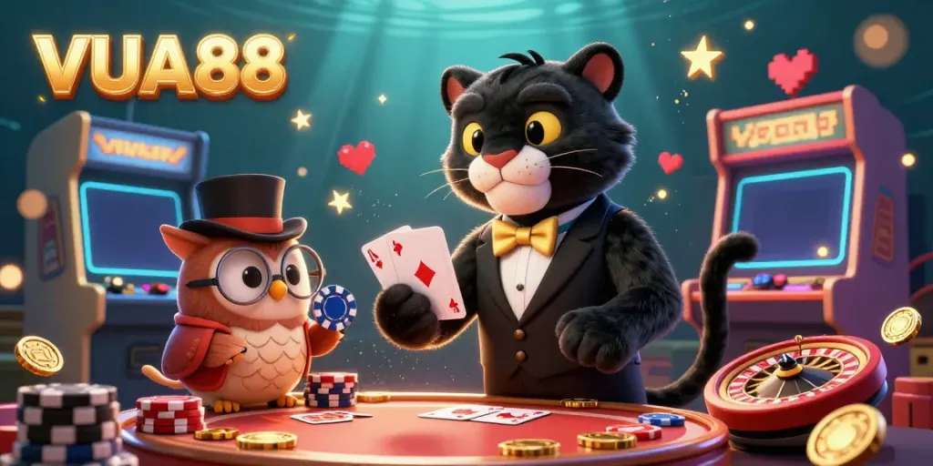 Play exciting casino games with VUA88 as a black panther deals cards among vibrant elements.