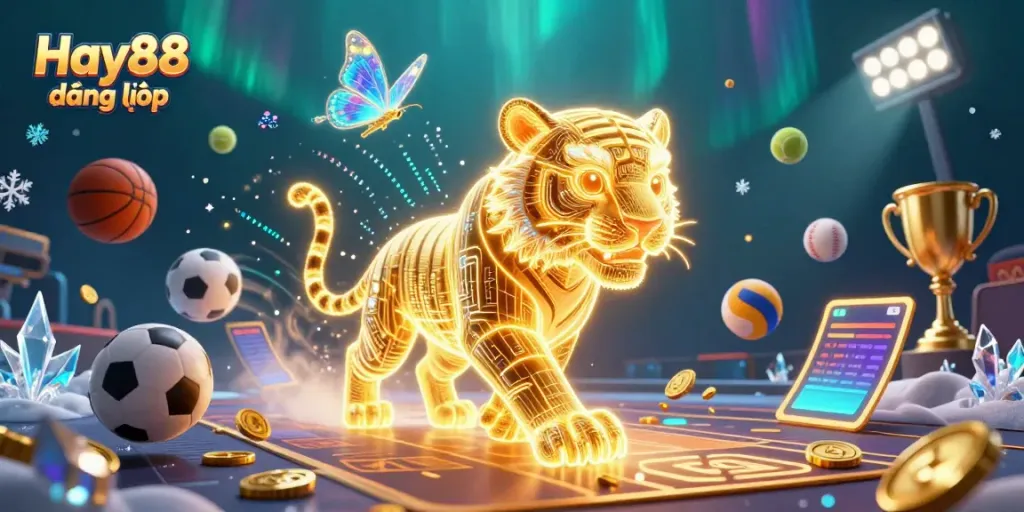 Join the excitement with Hay88 đăng nhập, featuring a golden tiger and dynamic sports elements in a digital casino.