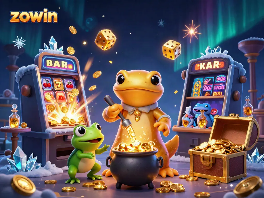 Zowin presents a vibrant 3D illustration of a golden salamander alchemist with casino-themed elements showcasing excitement and adventure.