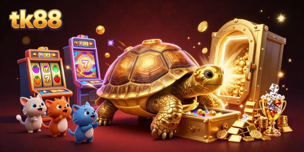 Engage in thrilling gameplay at tk88 with a vibrant 3D casino scene illustrating a colossal golden tortoise and excited players.