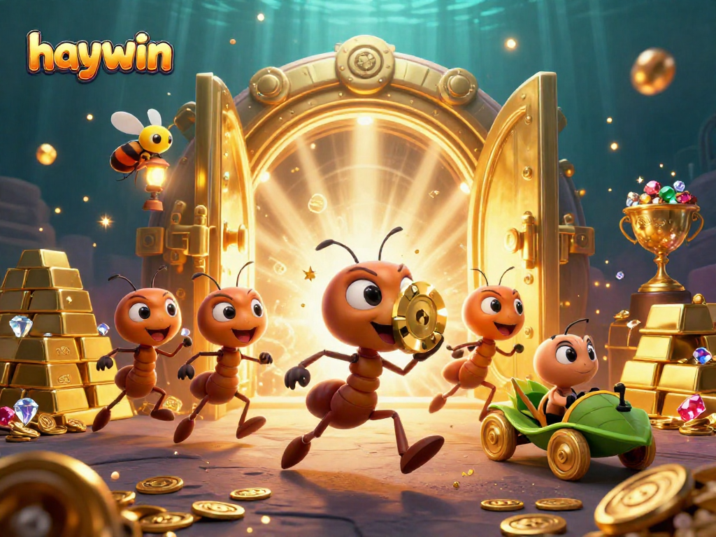 Haywin showcases a thrilling heist scene with ants carrying a massive poker chip among treasures and gems.