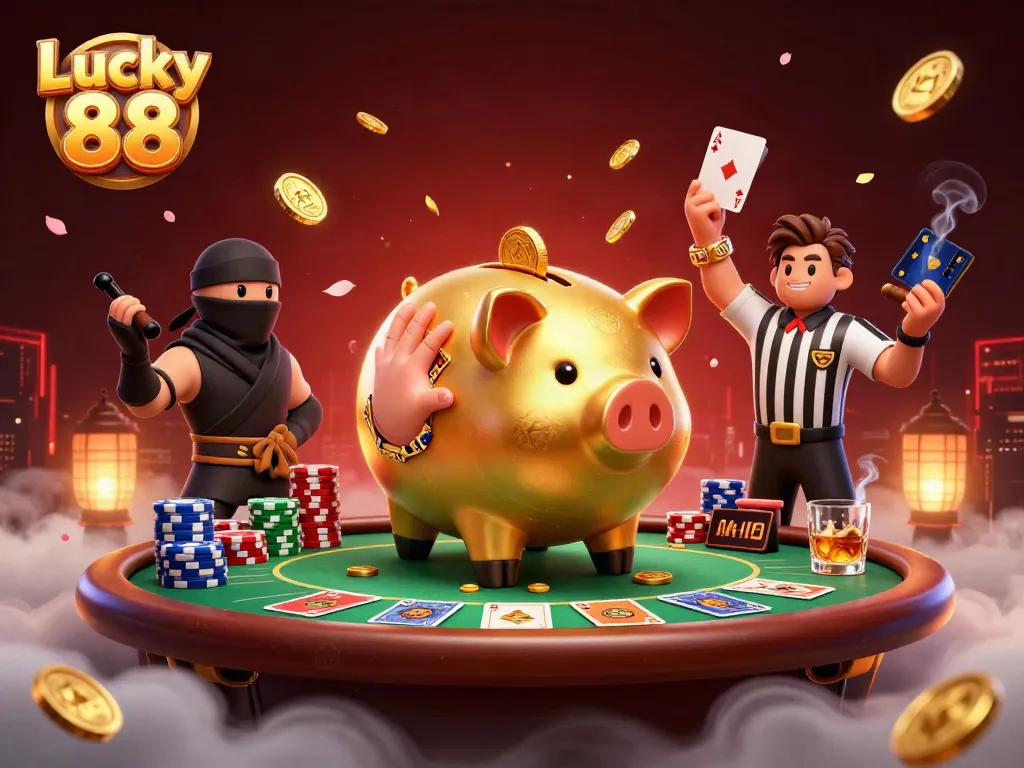 Engage in Lucky 88's thrilling action with a vibrant 3D casino scene filled with excitement.