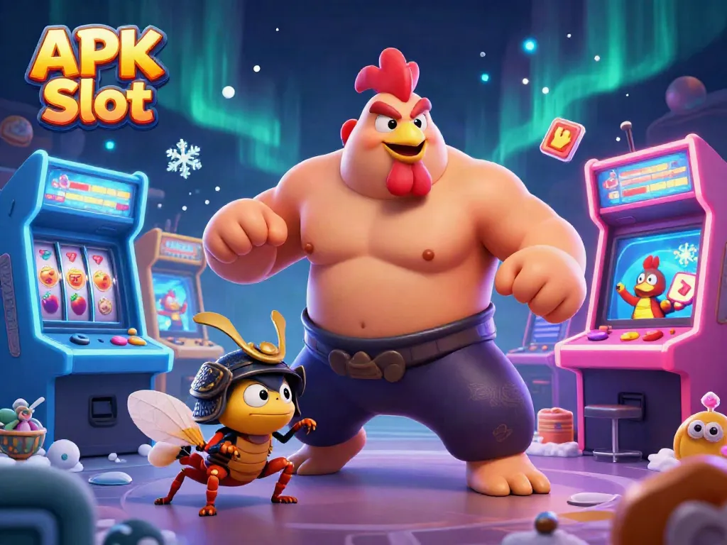 Experience thrilling APK Slot action with colorful slots and animated casino characters in a dynamic 3D scene.
