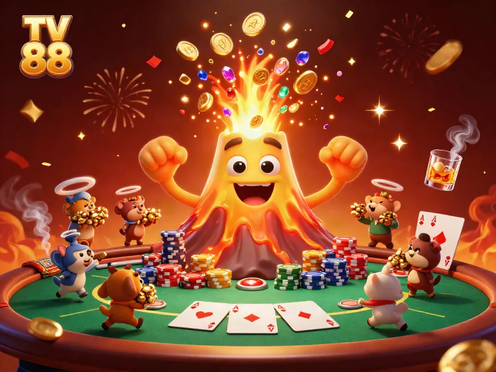 Experience the excitement at TV 88, where a triumphant golden volcano erupts coins and gems amidst thrilling poker scene.
