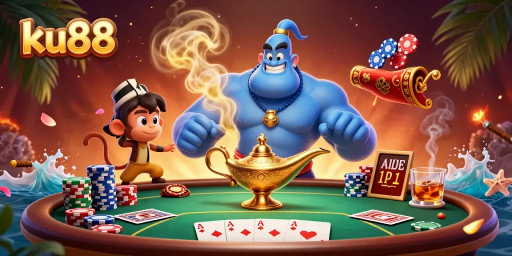 ku88 Casino illustration with a genie, monkey, and poker elements in a vibrant scene.