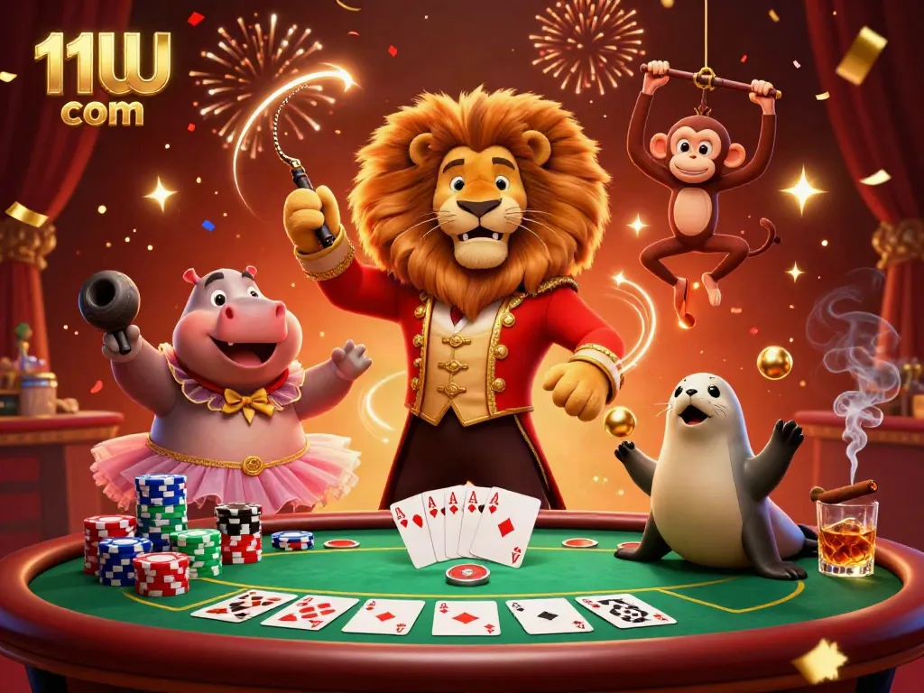 Experience the excitement of gambling at 11UU com with a vibrant circus-themed illustration showcasing lively characters and casino elements.