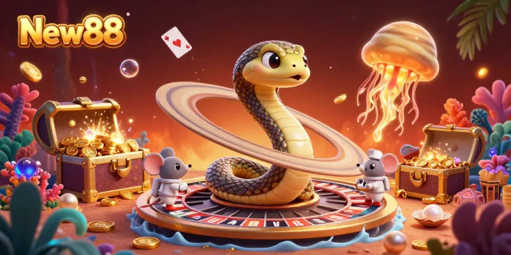 Playfully depicting New88, astronauts bet on Saturn's roulette rings while a jellyfish dealer floats nearby.