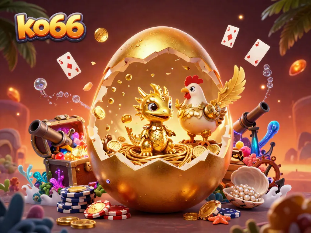 Experience thrilling wins at KO66 with a golden dragon guarding poker chips amidst vibrant casino elements.