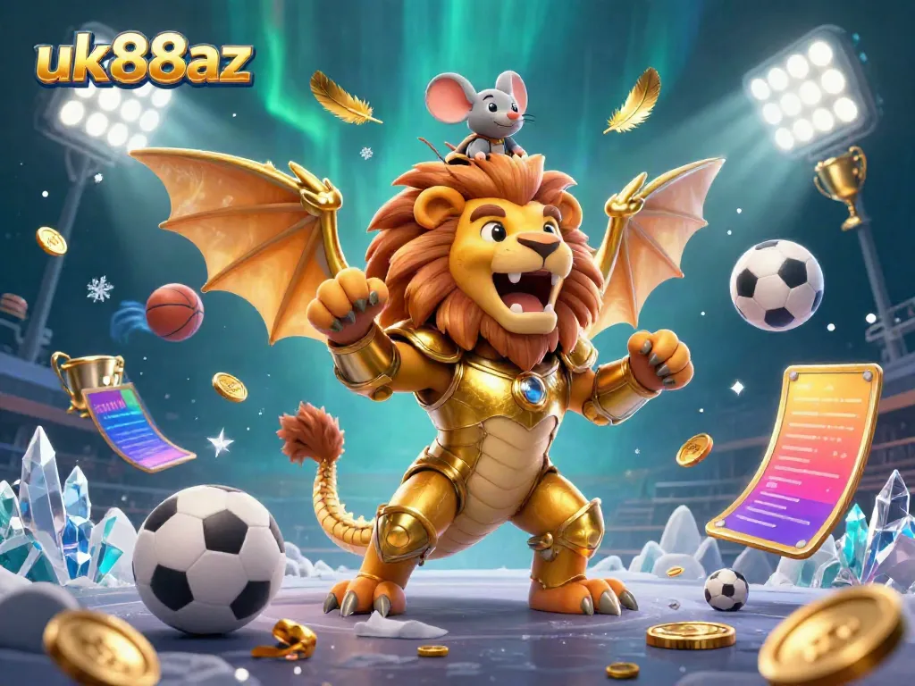 Engage thrillingly with uk88az in this vibrant 3D casino illustration featuring a roaring chimera and dynamic sports elements.