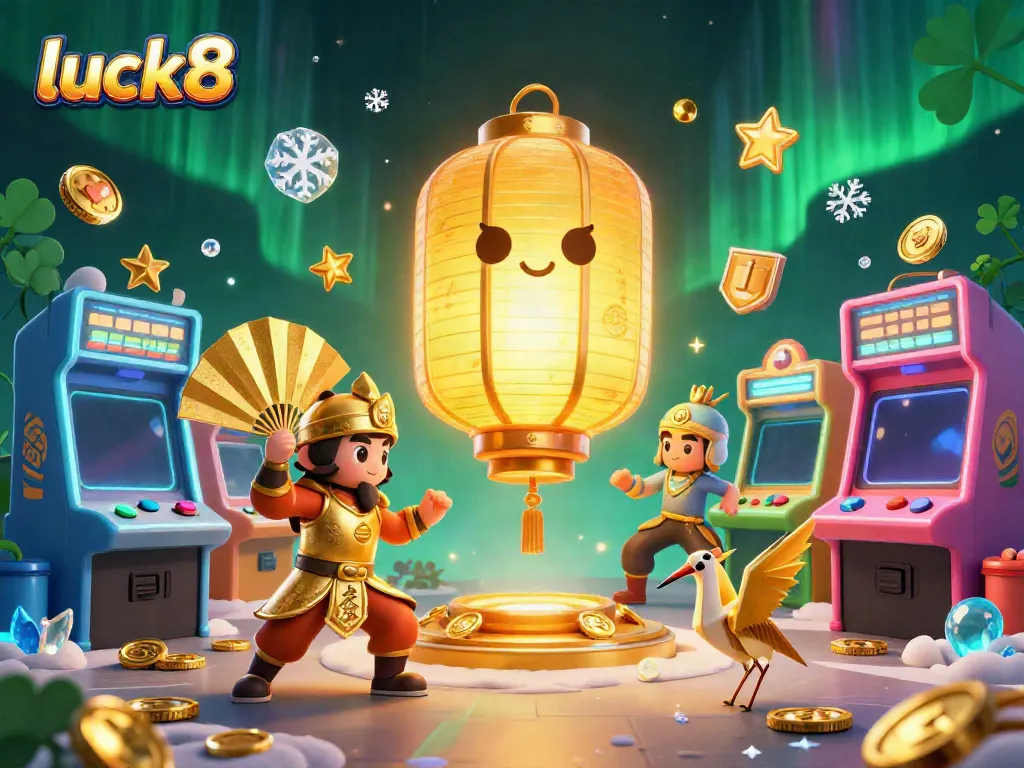 Experience luck8's vibrant casino adventures with a dynamic 3D scene filled with golden lanterns and gaming elements.