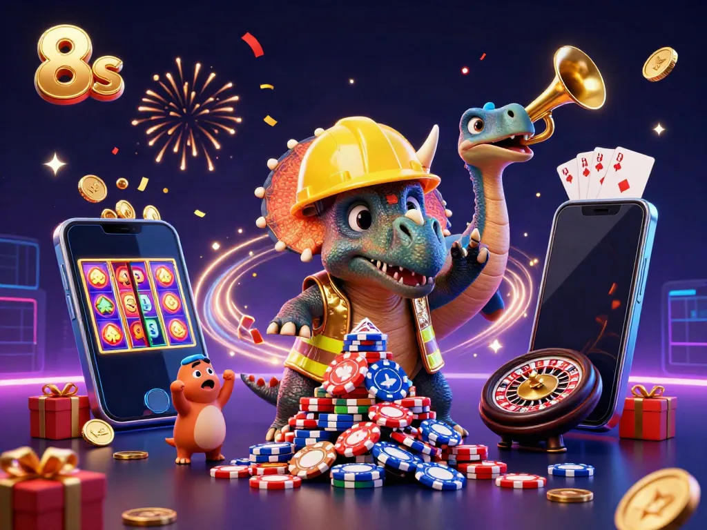 Join the fun at 8s with a triceratops building poker chips while celebrating themed casino games!