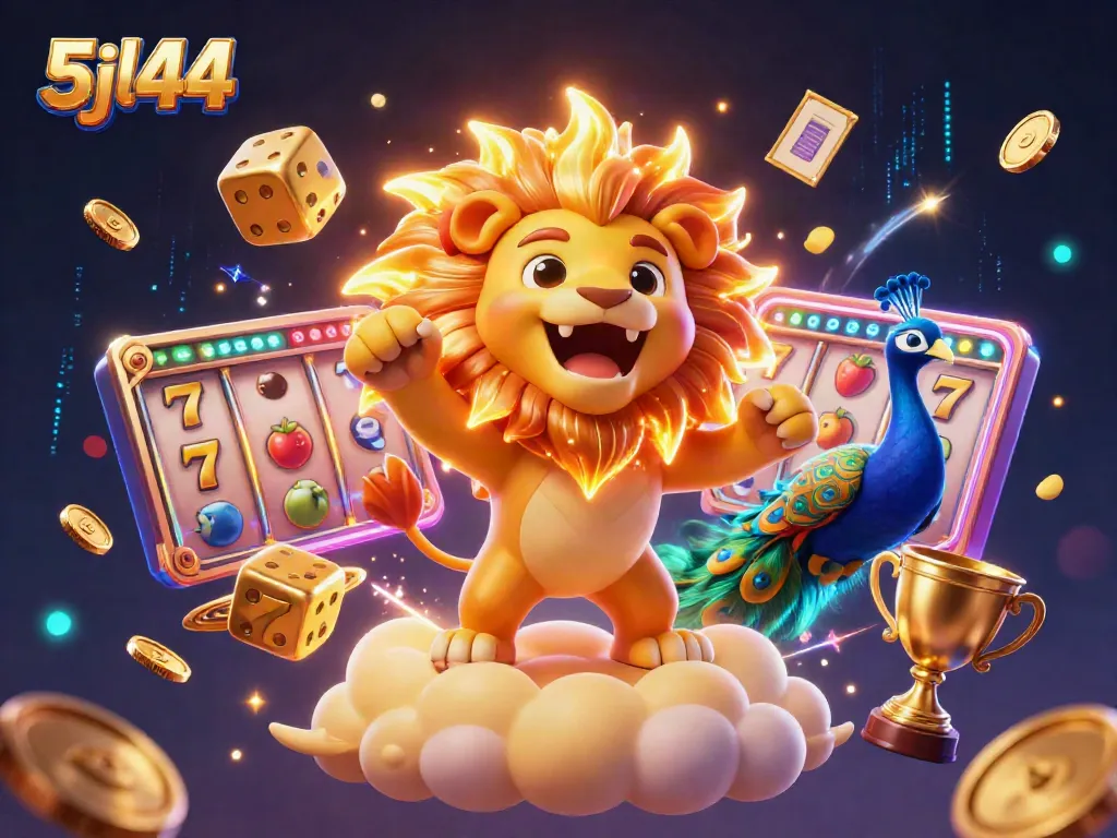 Experience thrilling slots gameplay with 5jl44's dynamic 3D sun lion and vibrant casino elements.