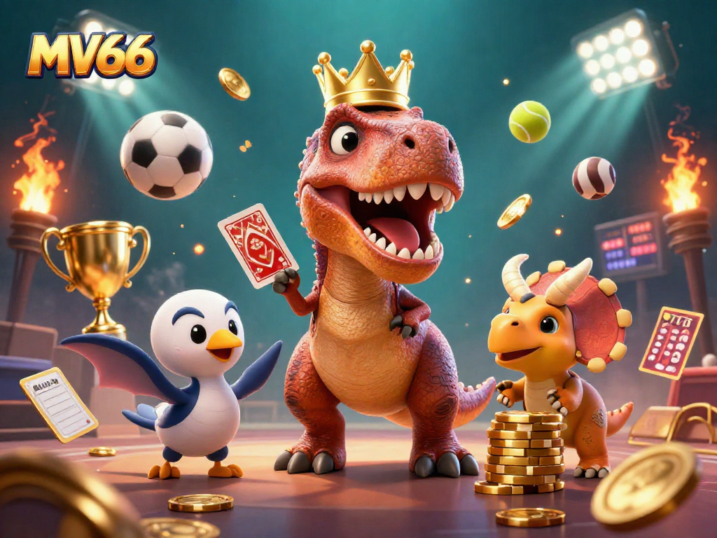 Experience thrilling wins at MV66 with a dynamic 3D casino scene featuring a T-Rex, pterodactyl, and triceratops.