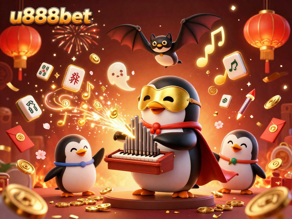 Win exciting rewards at u888bet in a vibrant 3D casino scene featuring a whimsical penguin.