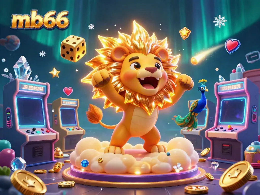 Join the adventure with mb66 as the lion roars atop golden clouds surrounded by animated casino elements.