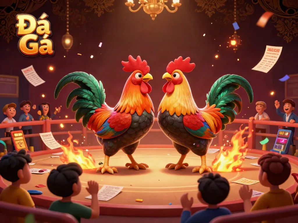 Dynamic Đá Gà action scene showcasing a vibrant cockfighting match surrounded by enthusiastic spectators.