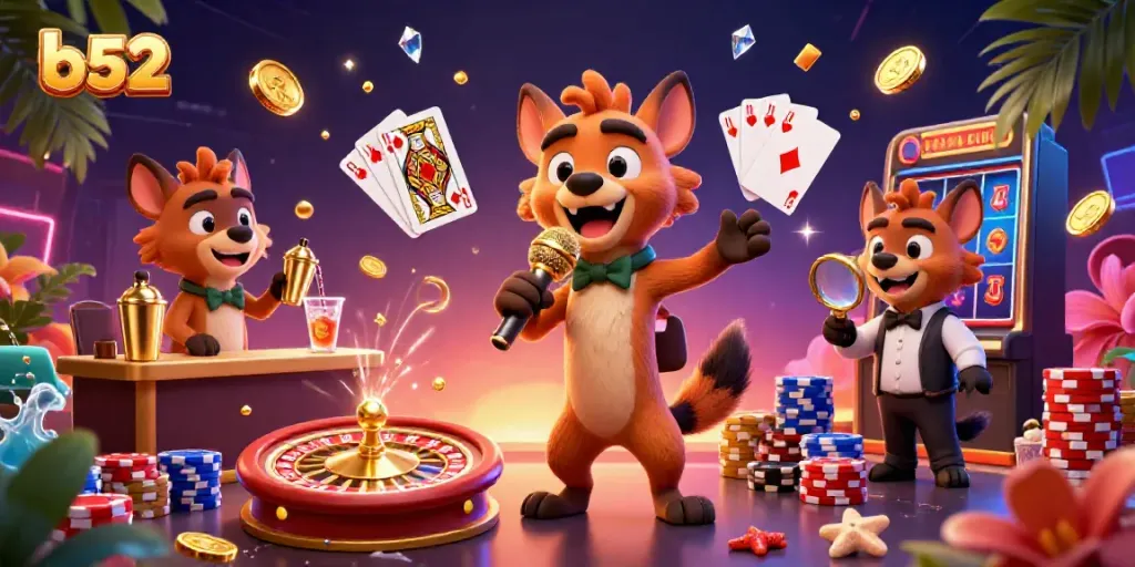 Hyenas in a casino scene featuring b52-themed games, laughter, and vibrant colors.