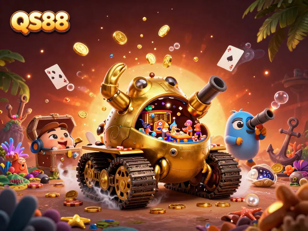Experience excitement at QS88 with this vibrant casino-themed 3D illustration, featuring a unique tank casino.