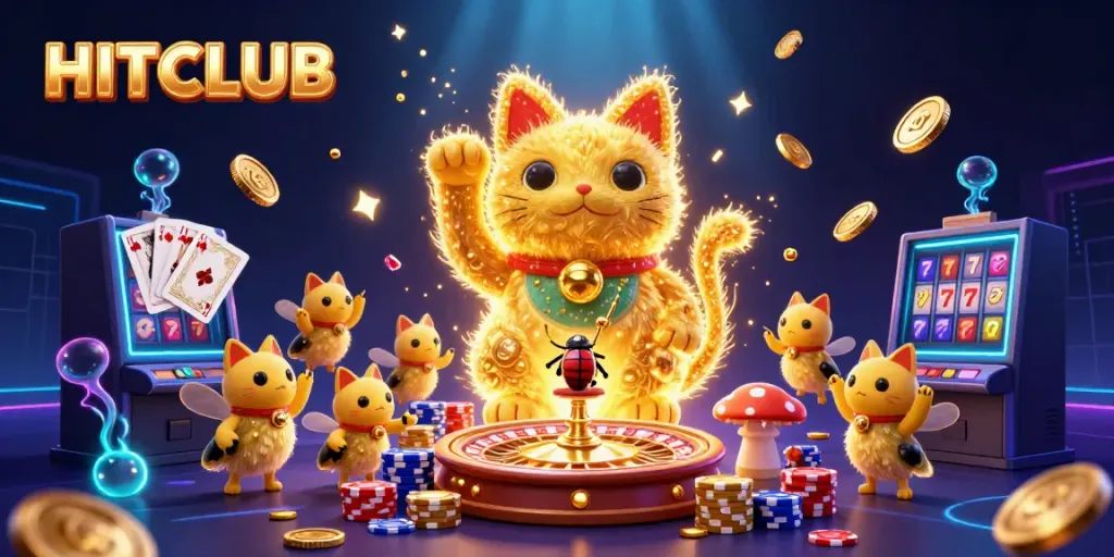 Engage with HITCLUB's vibrant gaming experience featuring a golden lucky cat amidst casino symbols.