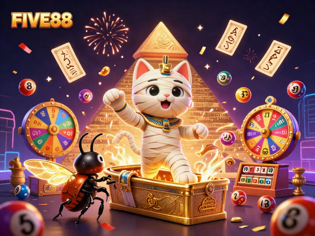 Experience excitement with the FIVE88 mummy cat bursting from a gold sarcophagus in a vibrant casino.
