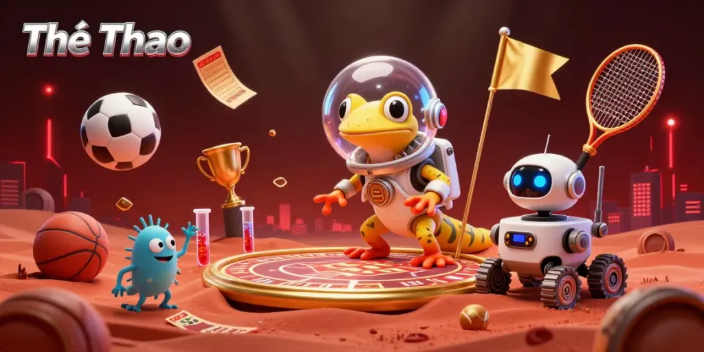 Engage with Thể Thao in an exciting sports betting scene featuring alien characters and dynamic sports elements.