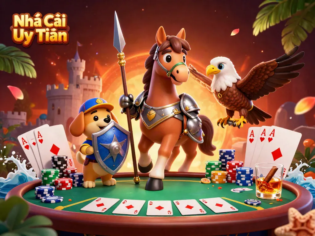 Battle it out at Nhà Cái Uy Tín with knights, poker, and festive casino elements.