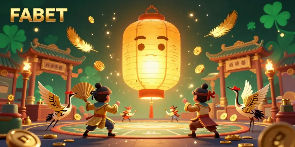 Experience the thrilling essence of FABET with a vibrant night market casino scene, filled with golden lantern spirits and lucky symbols.