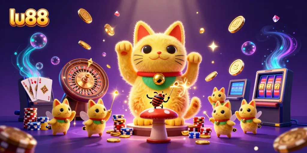 Experience immersive gaming with lu88’s dynamic lucky cat symbol surrounded by casino elements.