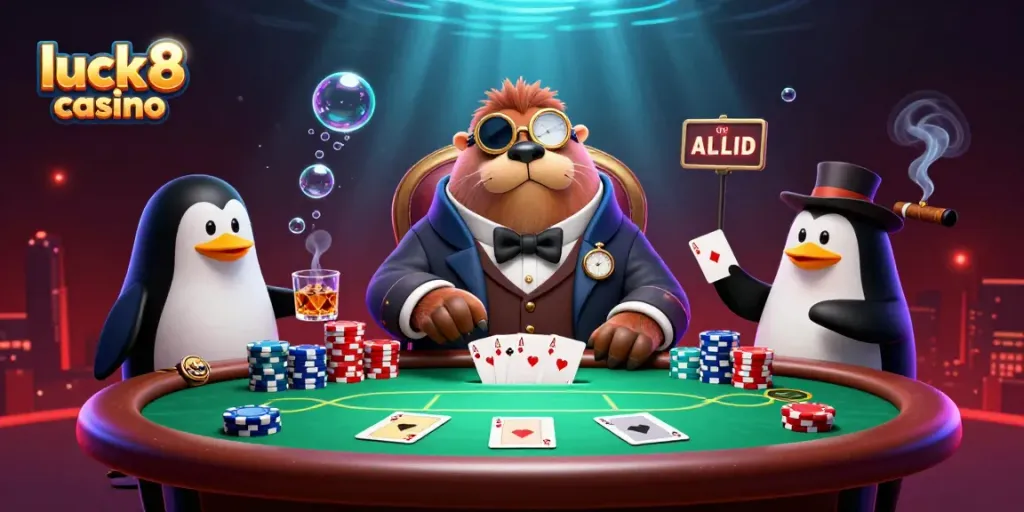 Engage in thrilling hands at luck8 casino with a walrus poker player and underwater scene.