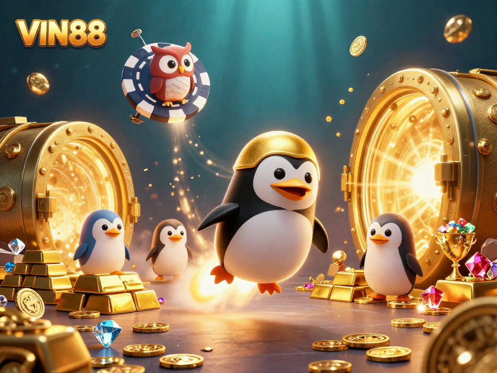 Experience thrilling wins with VIN88 in a vibrant, dynamic casino adventure illustration filled with gold and excitement.