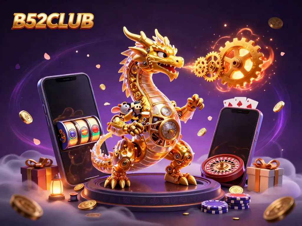 Experience thrilling gameplay with B52CLUB as golden coins and cards fly around a golden dragon in vibrant detail.