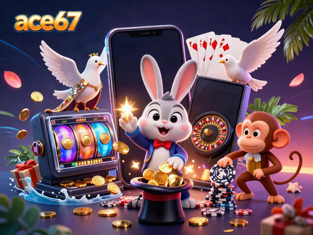 Experience the excitement of ace67 with a vibrant 3D casino scene featuring a magician rabbit and friends.