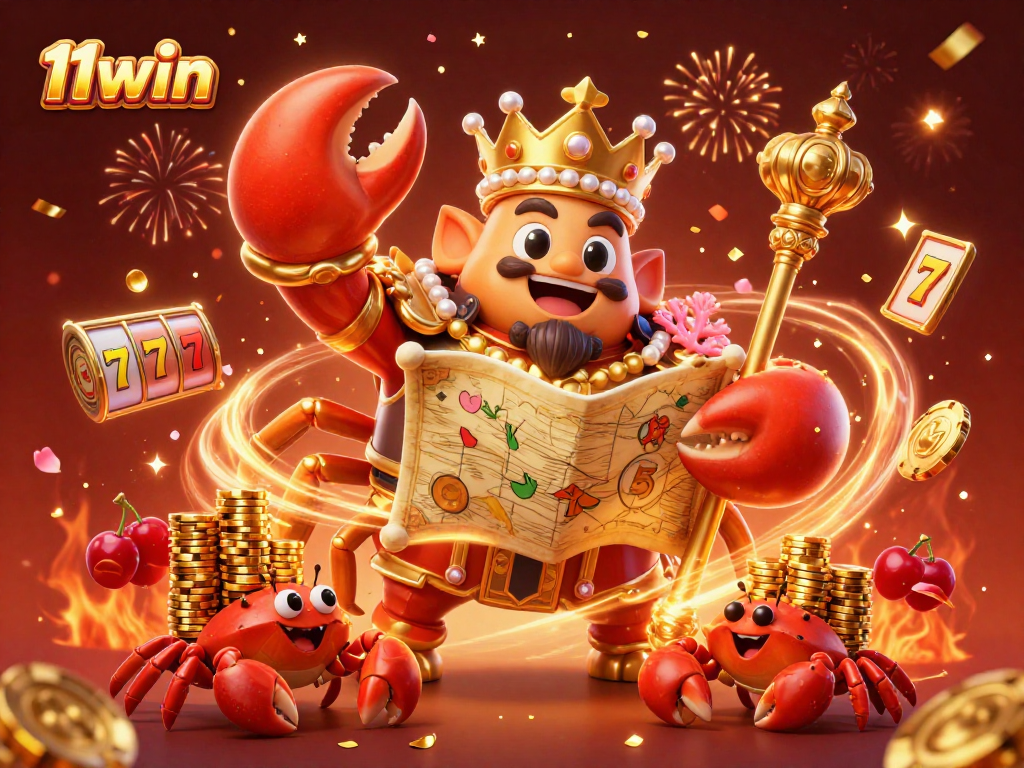 Experience thrilling gaming at 11win with the golden crab emperor leading a vibrant casino scene.