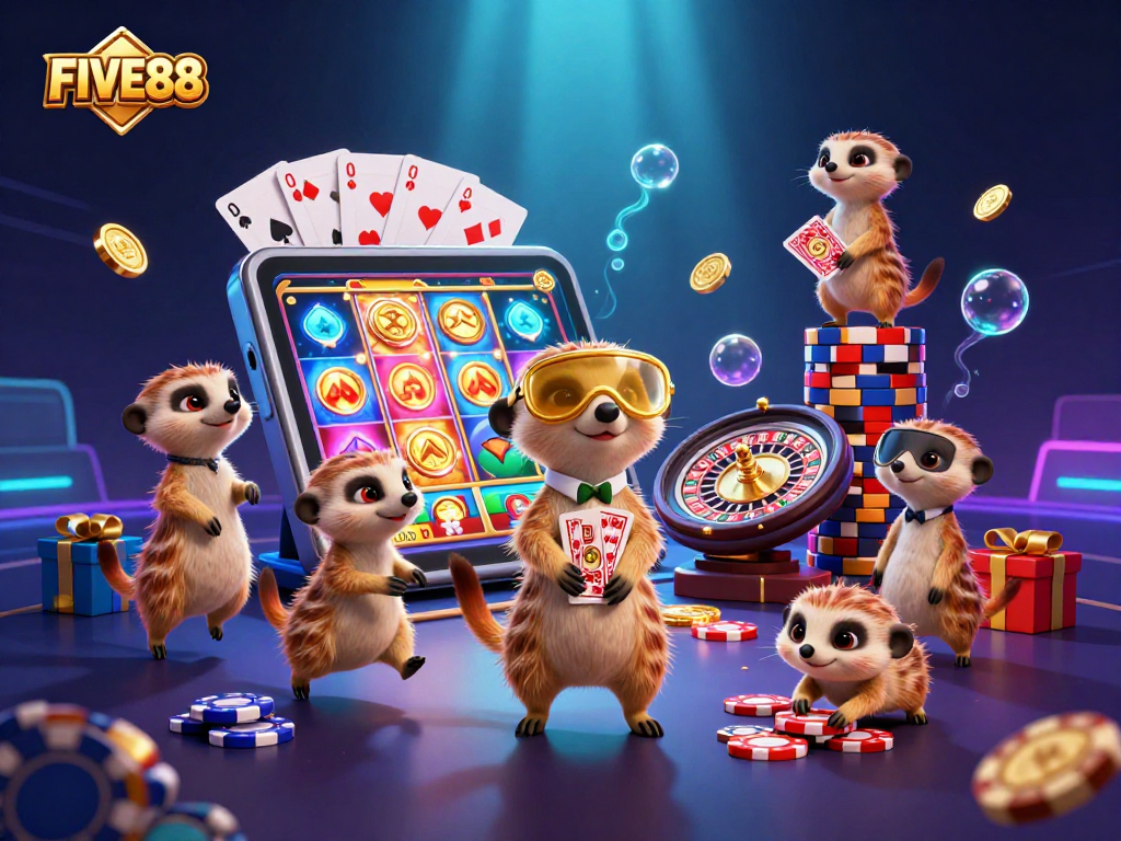 Experience the vibrant world of FIVE88 with meerkats managing a lively casino operation.