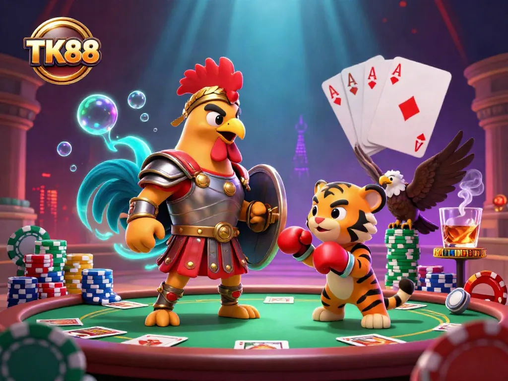 Experience exciting poker action with TK88, featuring a gladiator rooster in a dynamic gambling scene.