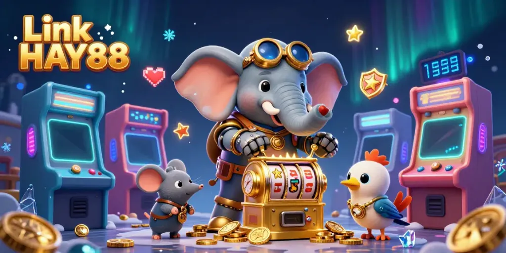 Engage with Link HAY88 featuring a steampunk elephant engineer at a golden slot machine with arcade game flair.