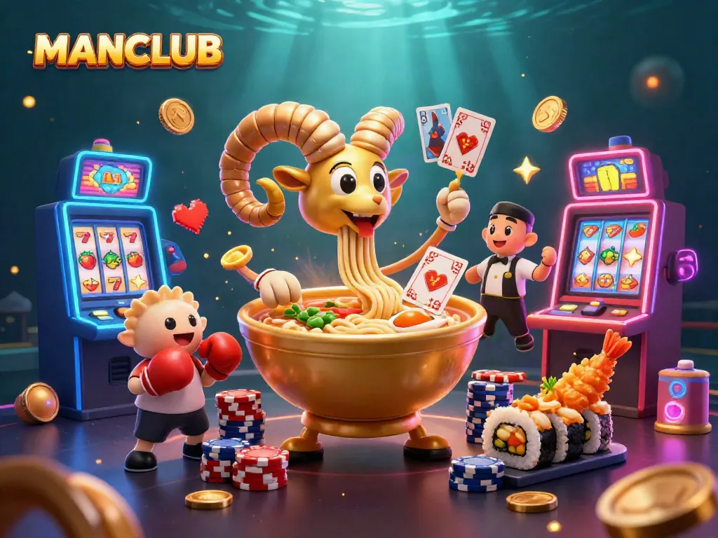 Engage in exciting casino action with MANCLUB, featuring a golden ramen bowl dealer and vibrant slot elements.