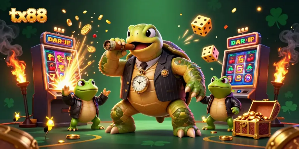 Experience slot excitement at tx88 with a vibrant 3D illustration featuring a turtle mobster and casino game elements.