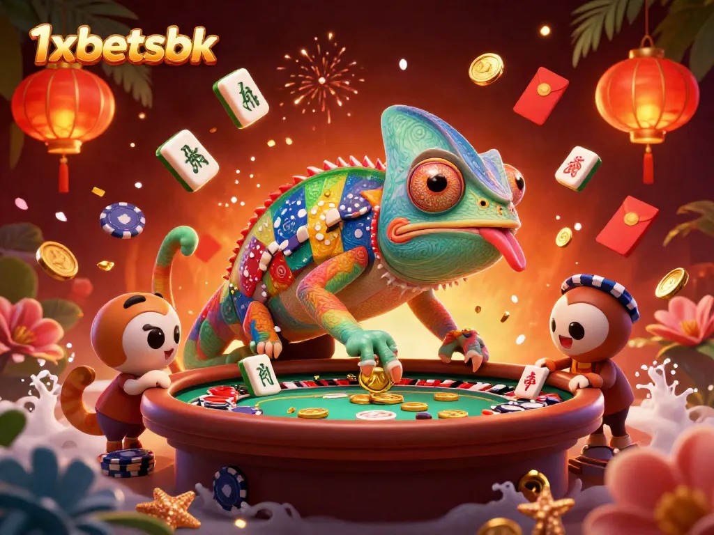 Experience games with 1xbetsbk, featuring a colorful chameleon casino owner in a vibrant gaming setting.