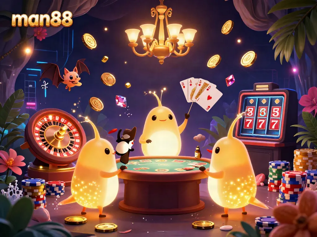 Experience the vibrant energy of man88 with glowworms lighting a casino, coins cascading, and vibrant game elements.