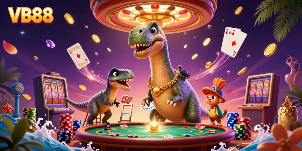 Experience VB88 with a giant brontosaurus and raptor in a vibrant casino scene.