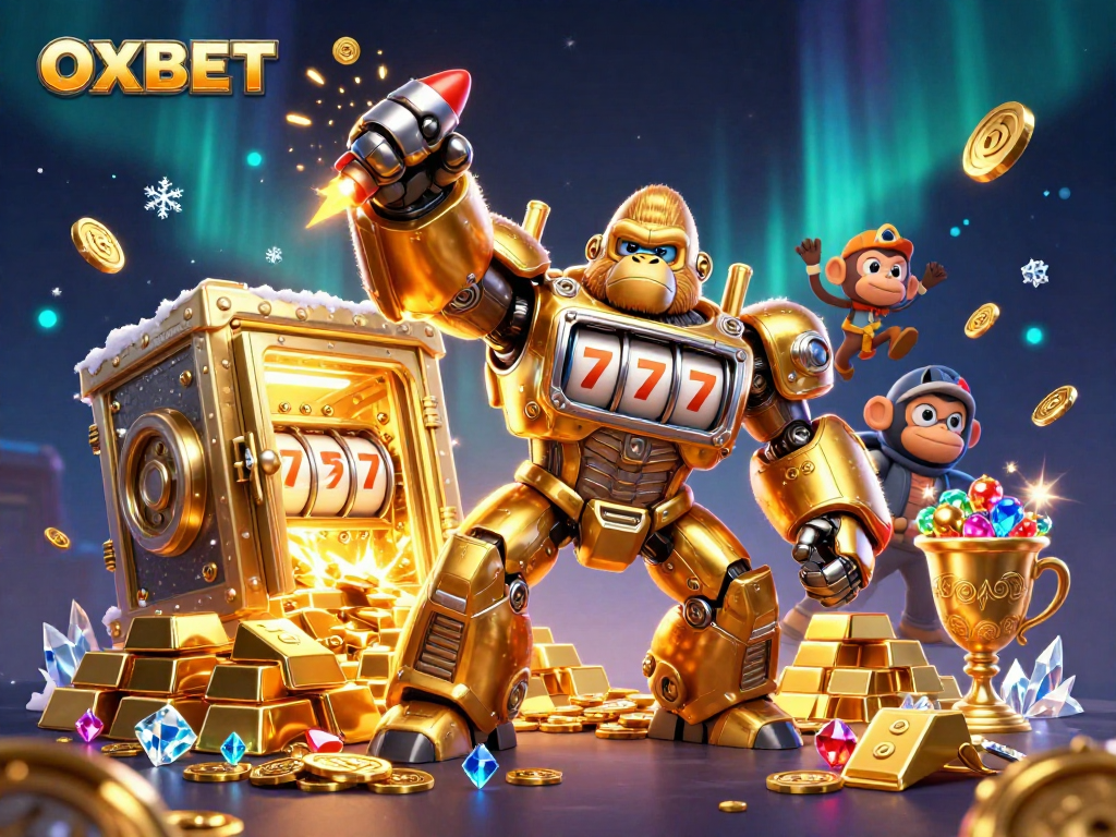 Experience gaming excitement with OXBET's dynamic casino scene featuring vibrant elements and golden treasures.