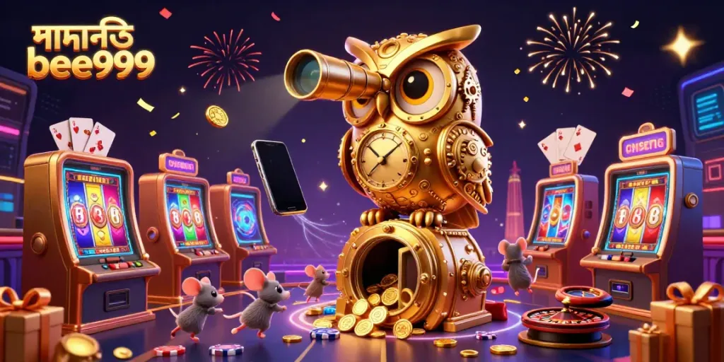 Experience exciting gameplay at পদোন্নতি bee999 with a vibrant casino scene featuring colorful slot machines and celebratory elements.