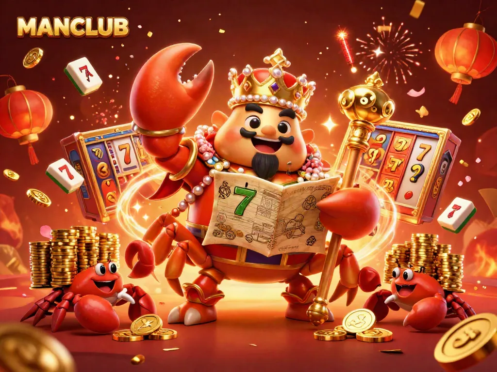Experience the thrill with MANCLUB as the golden crab emperor oversees a vibrant casino scene.