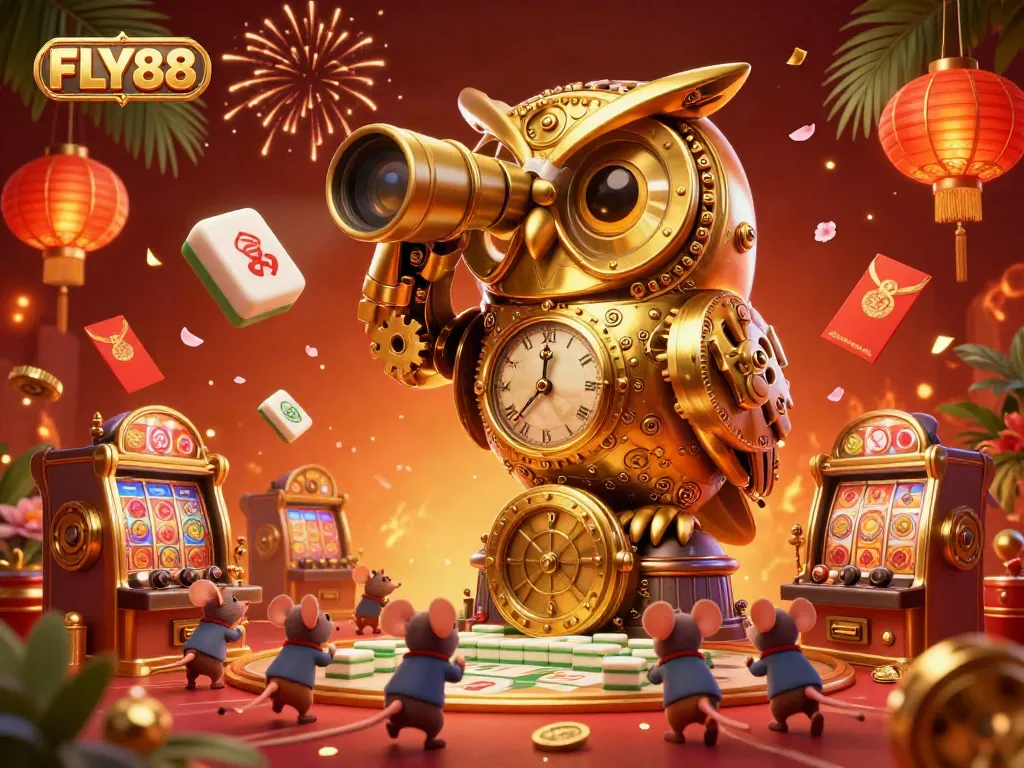 Engage in exciting casino action with the vibrant scene showcasing FLY88, featuring lucky symbols and dynamic elements.