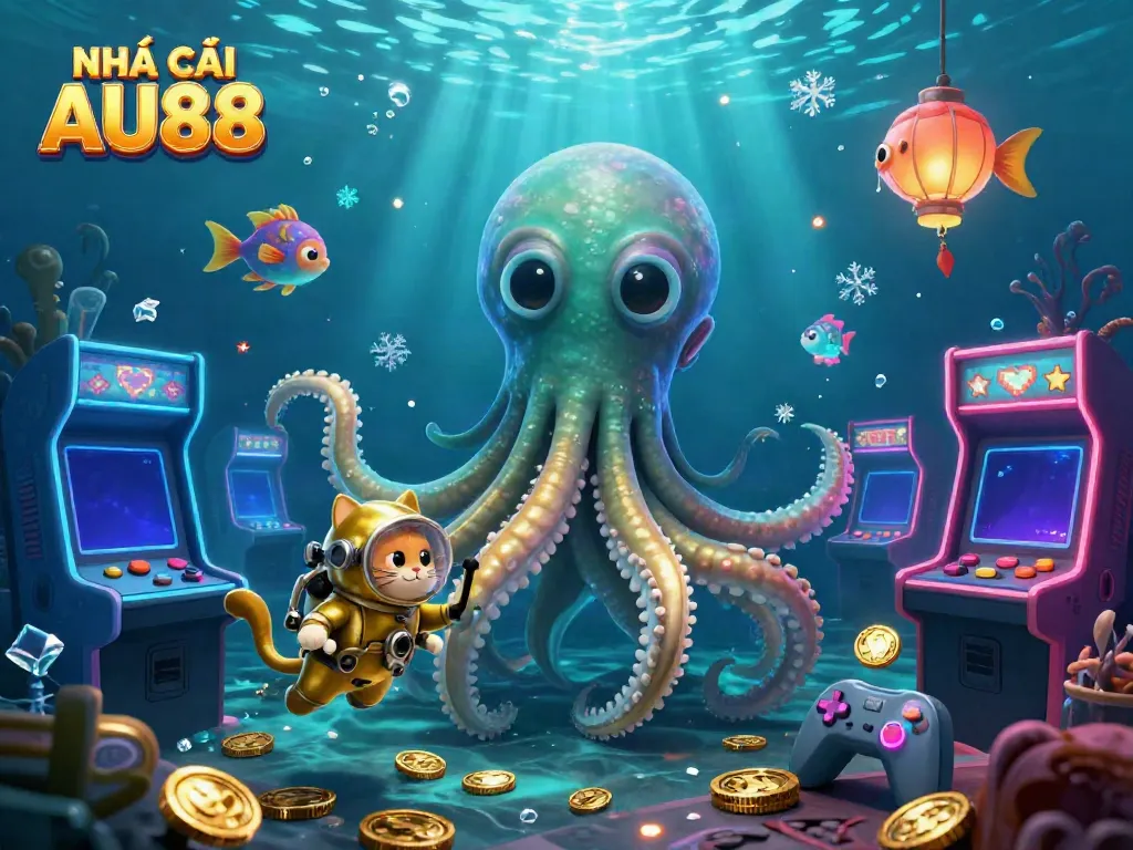 Engage in thrilling gaming at NHÀ CÁI AU88 with a magical underwater scene featuring a kraken, diving cat, and arcade machines.