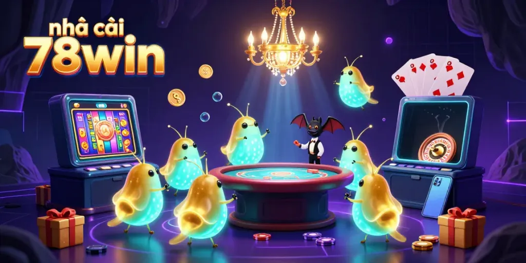 Engage with the vibrant world of nhà cái 78win, featuring glowworms illuminating a lively cave casino scene.
