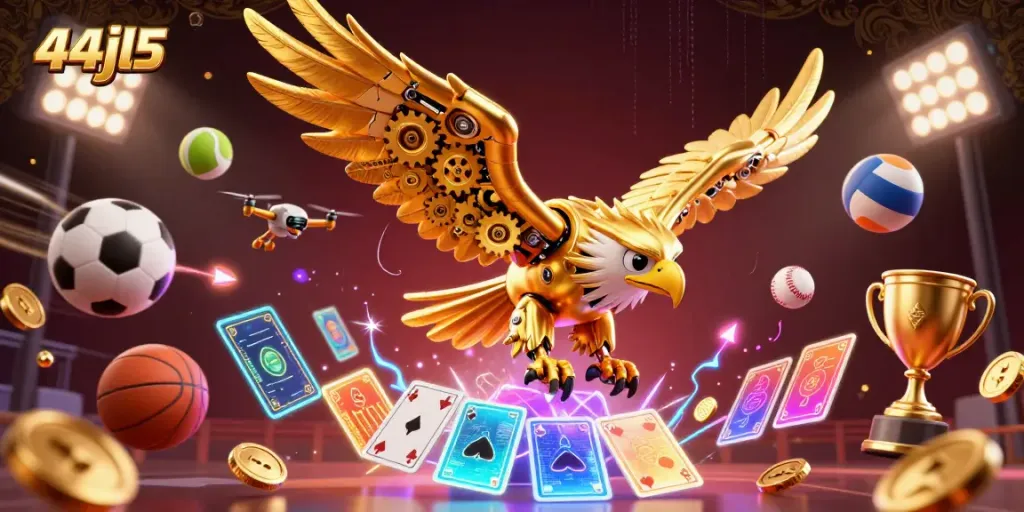 Experience thrilling action with 44jl5 as a cybernetic eagle dives through holographic cards and sports balls.