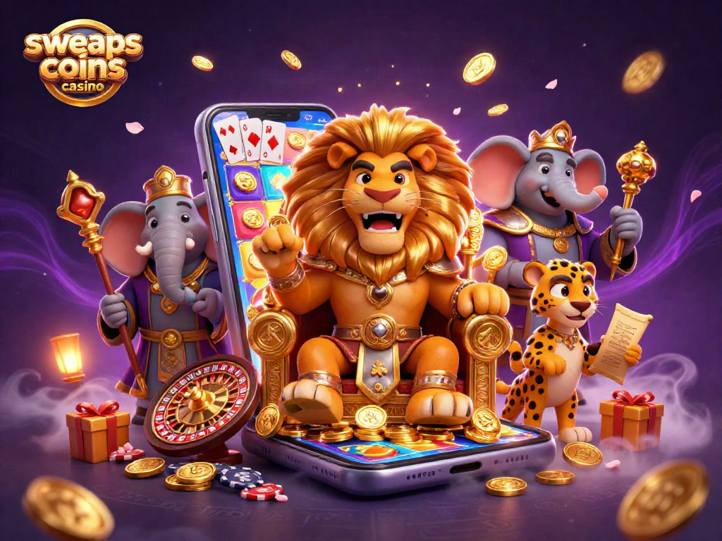 Sweep coins casino features a fierce lion king alongside an elephant advisor and cheetah messenger amidst dynamic gaming elements.